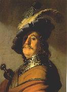 Rembrandt van rijn Bust of a man in a gorget and a feathered beret. oil painting on canvas
